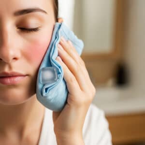 A person applies a cool compress to their skin to reduce redness and irritation.