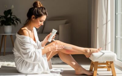 A Woman Gently Applies Moisturizer To Her Leg In A Sunlit Room After A Hair Removal Session.