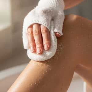 A close-up of a hand gently exfoliating a leg to prevent ingrown hairs.